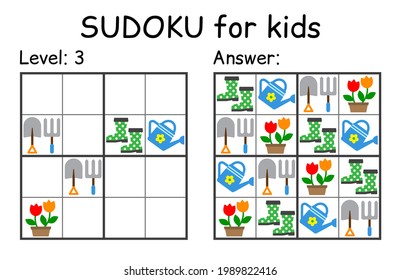 Sudoku. Kinder und erwachsenes mathematisches Mosaik. Kinderspiel. Gartenthema. Magischer Platz. Logikpuzzle-Spiel. Digitaler Rebus. Vektorgrafik