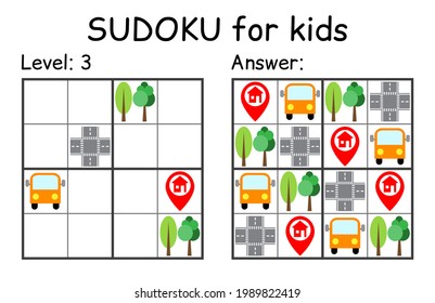 Sudoku. Kids and adult mathematical mosaic. Kids game. Road theme. Magic square. Logic puzzle game. Digital rebus. Vector illustration