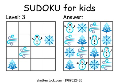 Sudoku. Kids and adult mathematical mosaic. Kids game. Winter theme. Magic square. Logic puzzle game. Digital rebus. Vector illustration