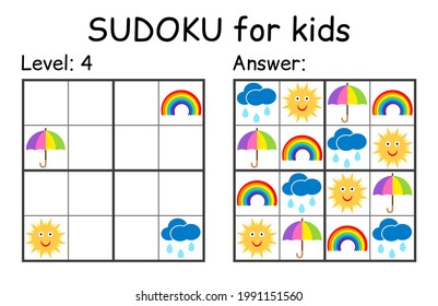Sudoku. Kids and adult mathematical mosaic. Kids game. Weather theme. Magic square. Logic puzzle game. Digital rebus. Vector illustration
