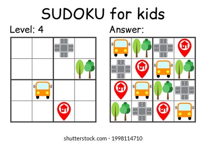 Sudoku. Kids and adult mathematical mosaic. Kids game. Road theme. Magic square. Logic puzzle game. Digital rebus. Vector illustration