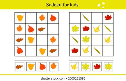 Sudoku para niños con hojas de otoño. Juego educativo para niños. Ilustración vectorial de otoño