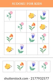 Sudoku for kids with cartoon flowers and butterflies. Logical game for kids. Puzzle for preschoolers.