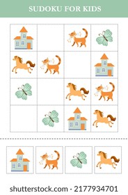 Sudoku for kids with cartoon houses, horses, cats, butterflies. Logical game for kids. Puzzle for preschoolers.