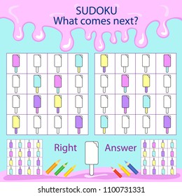 Sudoku for kids with cartoon Ice cream. Find and paint the color of the next figure. Children mathematics funny riddle entertainment. Sheet right answer. Vector activity page with board game.