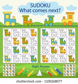 Sudoku for kids with cartoon train. Find and paint the color of the next figure. Children riddle. Worksheet with funny entertainment. Sheet right answer. Vector activity page with game.