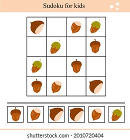 Sudoku for kids with chestnuts, acorns and hazelnuts. Educational game for children. Autumn vector illustration