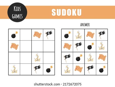 Sudoku for kids. Children activity sheet. Puzzle game with pirate items. Education and leisure concept. Vector illustration in flat cartoon style.