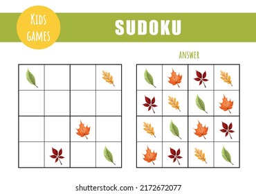 Sudoku for kids. Children activity sheet. Puzzle game with autumn leaves. Education and leisure concept. Vector illustration in flat cartoon style.