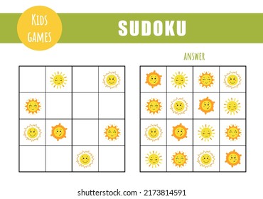 Sudoku for kids. Children activity sheet. Puzzle game with cute suns. Education and leisure concept. Vector illustration in flat cartoon style.