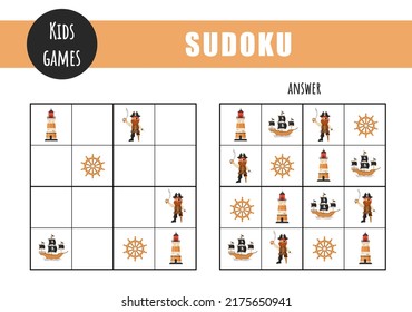 Sudoku for kids. Children activity sheet. Puzzle game with pirate items. Education and leisure concept. Vector illustration in flat cartoon style.