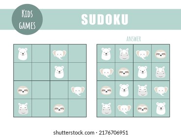 Sudoku for kids. Children activity sheet. Puzzle game with animals. Education and leisure concept. Vector illustration in flat cartoon style.