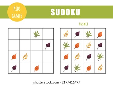 Sudoku for kids. Children activity sheet. Puzzle game with autumn leaves. Education and leisure concept. Vector illustration in flat cartoon style.