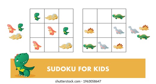 Sudoku for kids. Children educational game with dino. Cute dinosaur cartoon vector illustration.