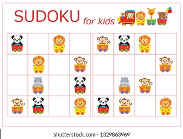 Sudoku for kids. Sudoku. Children's puzzles. Educational game for children. circus animals go by train (monkey, lion, giraffe, panda, hippopotamus, bear)