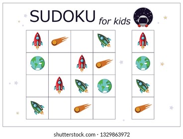 Sudoku for kids. Sudoku. Children's puzzles. Educational game for children. red rocket in space, astronaut