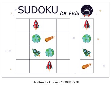 Sudoku for kids. Sudoku. Children's puzzles. Educational game for children. red rocket in space, astronaut