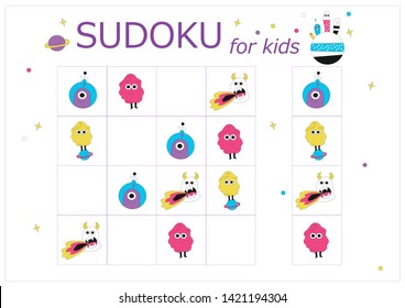 Sudoku for kids. Sudoku. Children's puzzles. Educational game for children. space cartoon monsters, aliens, space world
