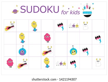 Sudoku for kids. Sudoku. Children's puzzles. Educational game for children. space cartoon monsters, aliens, space world