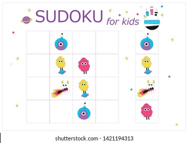 Sudoku for kids. Sudoku. Children's puzzles. Educational game for children. space cartoon monsters, aliens, space world