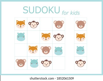 Sudoku for kids. Children's puzzles. Educational game for children. cute animals (monkey, lion, giraffe, panda, hippopotamus, bear)