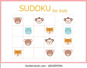 Sudoku for kids. Children's puzzles. Educational game for children. cute animals (monkey, lion, giraffe, panda, hippopotamus, bear)