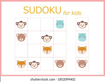 Sudoku for kids. Children's puzzles. Educational game for children. cute animals (monkey, lion, giraffe, panda, hippopotamus, bear)