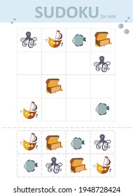 Sudoku for kids. Sudoku. Children's puzzles. Educational game for children. pirate in search of treasures at sea