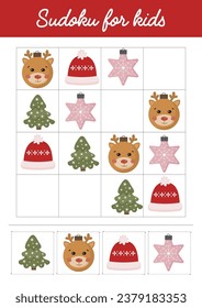 Sudoku for kids. Christmas Sudoku puzzles, easy level. Christmas educational printable worksheets activities preschool education, kindergarten, homeschooling, pedagogical purpose. Toddler busy book. 