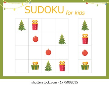 Sudoku for kids. Sudoku with a Christmas tree, gifts, toys, balls and flashlights.. Children's puzzles. Educational game for children. 