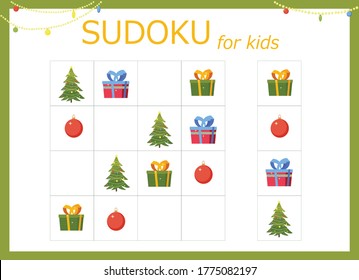 Sudoku for kids. Sudoku with a Christmas tree, gifts, toys, balls and flashlights.. Children's puzzles. Educational game for children. 