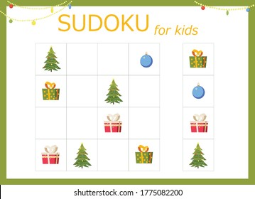 Sudoku for kids. Sudoku with a Christmas tree, gifts, toys, balls and flashlights.. Children's puzzles. Educational game for children. 