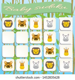Sudoku for kids with colorful animals images. Game for preschool kids, training logic