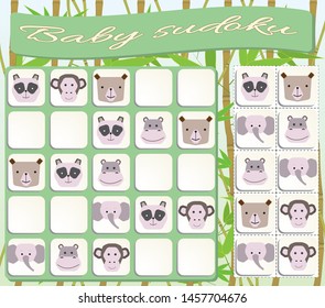 Sudoku for kids with colorful animals images. Game for preschool kids, training logic