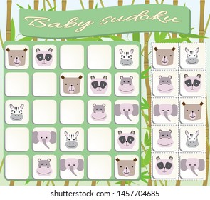 Sudoku for kids with colorful animals images. Game for preschool kids, training logic