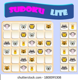 Sudoku for kids with colorful animals images. Game for preschool kids, training logic