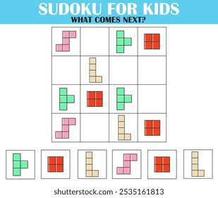 Sudoku para niños con Formas de bloques de colores. Juego para niños hoja de trabajo. Encuentra la próxima Imagen correcta. Entretenimiento de rompecabezas para niños. Listo para imprimir el juego. Qué viene en la página de la siguiente actividad.