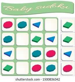 Sudoku for kids with colorful geometric figures. Polygons set. Game for preschool kids, training logic