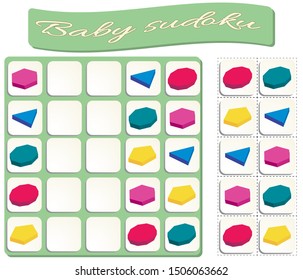 Sudoku for kids with colorful geometric figures. Polygons set. Game for preschool kids, training logic