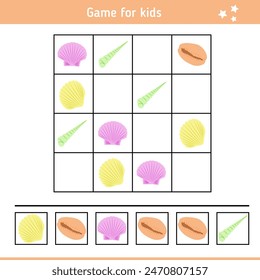 Sudoku for kids with colorful seashells. Educational game for children.