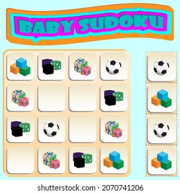 Sudoku for kids with colorful subjects. Game for preschool kids, training logic