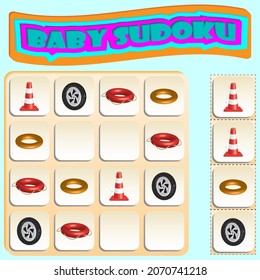 Sudoku for kids with colorful subjects. Game for preschool kids, training logic