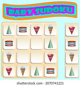 Sudoku for kids with colorful subjects. Game for preschool kids, training logic