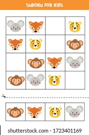 Sudoku for kids. Cute animal faces. Red fox, brown monkey, gray mouse and striped tiger.