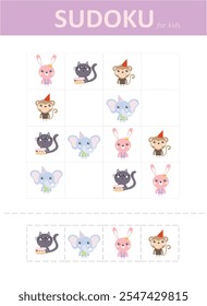 Sudoku for kids with cute animals. Children's puzzles. Educational game for children with characters.