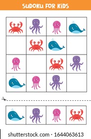 Sudoku for kids with cute cartoon sea animals. Whale, octopus, crab and jelly fish.