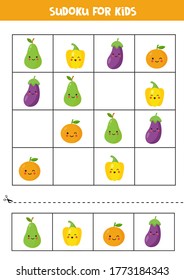 Sudoku for kids with cute colorful fruits and vegetables. Educational logical game for kids. Vector illustration of eggplant, pear, orange, yellow pepper.
