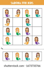 Sudoku for kids with cute colorful mermaids. Logical game for kids.