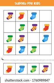 Sudoku for kids. Cute colorful socks. Educational logical game for kids. Printable worksheet for preschoolers.