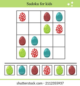 Sudoku for kids with easter eggs, educational game. Vector illustration